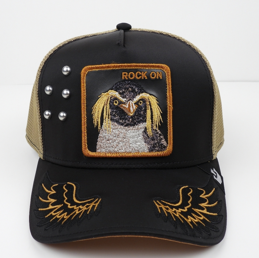 Goorin Bros Rock On Penguin Trucker Hat. Golden Wing Embroidery. New in Box